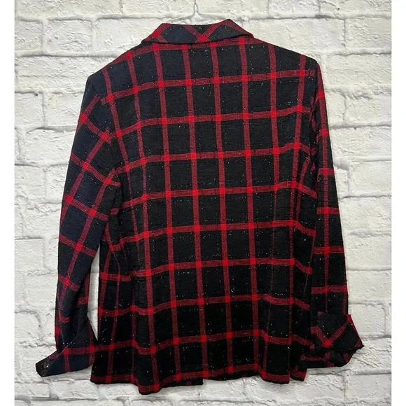 Allison Daley red and black plaid button up shirt blouse shimmery size 14. - Picture 3 of 6